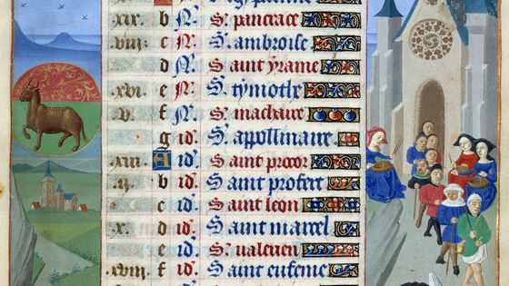 Page de calendrier du mois d'avril : "Le retour des pelerins". Page de manuscrit enluminee tiree de "Livre d'Heures de la Duchesse de Bourgogne, Adelaide de Savoie" par le Maitre d'Adelaide de Savoie (15eme siecle) et le Maitre de Jean Rolin (15eme s ©AFP - Photo Josse / Leemage