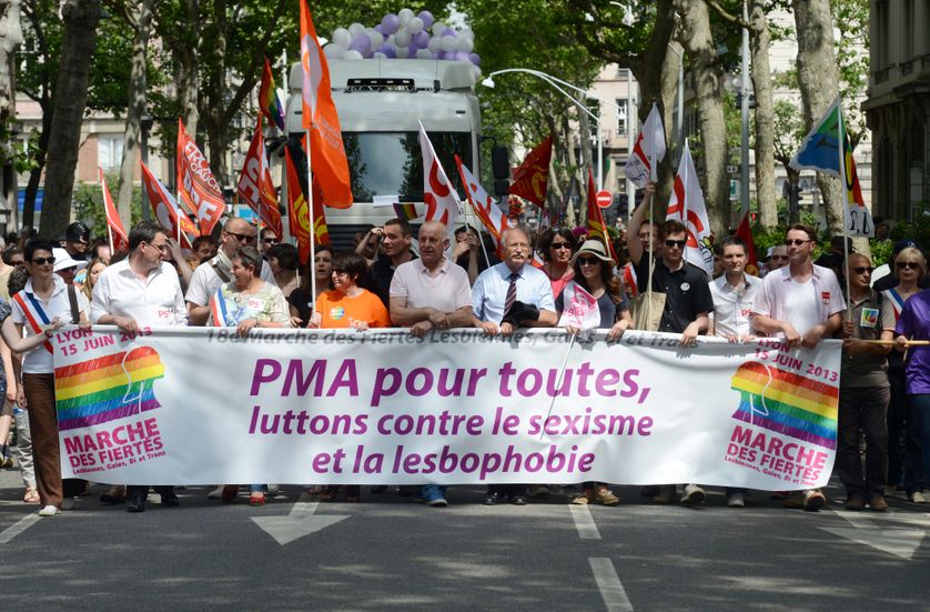 Manifestants pro PMA pendant la Marche des fiertés à Lyon