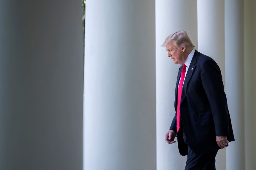 US President Donald J. Trump walks from the Oval Office to announces that the US is withdrawing from the Paris climate accord during a Rose Garden event at the White House in Washington, DC, USA, 01 June 2017
