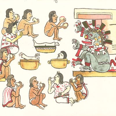 Scène interprétée comme un repas rituel anthropophage aztèque