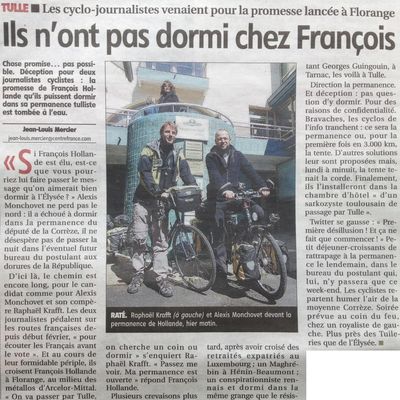 Article du quotidien La Montagne sur la promesse non tenue de François Hollande de loger les cyclistes Alexis Monchovet et Raphaël Krafft dans sa permanence de Tulle lors de leur tour de France en marge de la campagne présidentielle de 2012.