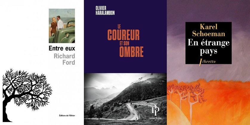 Couvertures des livres "Entre eux" (L'Olivier), "Le coureur et son ombre" (Premier Parallèle) et "En étrange pays" (Libretto)