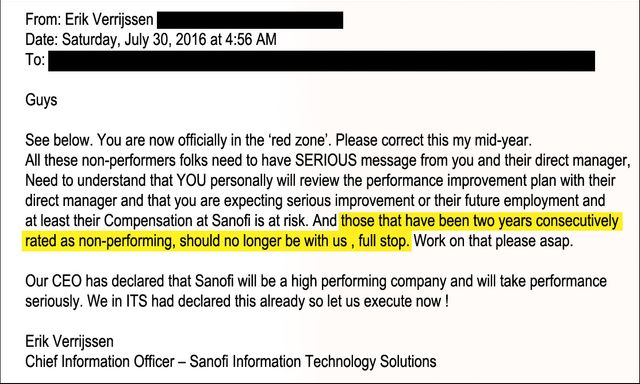 Mail du 30 juin 2016 "Les salariés notés non-performants 2 ans de suite ne doivent pas rester dans l'entreprise"
