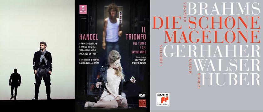 photo de "Otello" au Royal Opera House, couverture du DVD Erato de "Il trionfo..." et couverture d'album "Die schöne Magelone" SONY