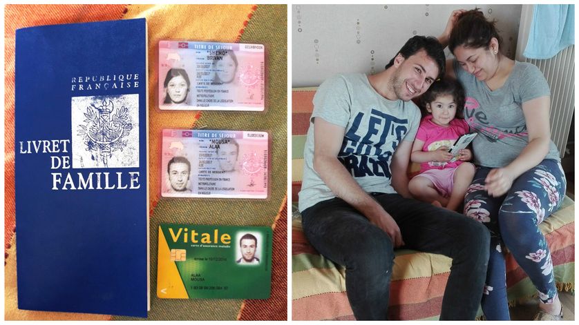 Quelques papiers français de la famille et à droite Alaa, le fils de Mustafa Mousa, avec son épouse Berivan et une de leurs petites filles, Sima