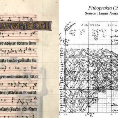 détails du Graduel d'Aliénor - Résurrection (XIIIe siècle) / partition de Musique Architecture de Xenakis