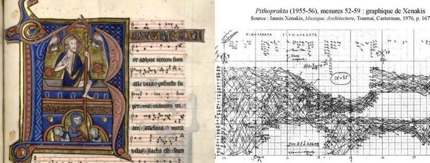 détails du Graduel d'Aliénor - Résurrection (XIIIe siècle) / partition de Musique Architecture de Xenakis