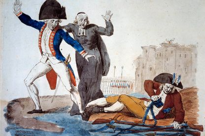Le réveil du Tiers-État, caricature des trois ordres. Le Tiers-État se libère de ses chaînes sous les yeux de la Noblesse et du Tiers-États, au pied de la Bastille - estampe de 1789 Le réveil du Tiers-État, caricature des trois ordres. Le Tiers-État se libère de ses chaînes sous les yeux de la Noblesse et du Tiers-États, au pied de la Bastille - estampe de 1789