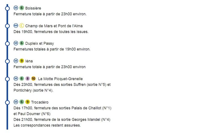 Vendredi 14 juillet, plusieurs stations ou sorties de métro seront fermées le soir à proximité de la Tour Eiffel.
