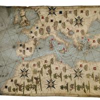Portulan de la Méditerranée de Joan Oliva sur parchemin (1593). On a réalisé un montage avec un tracé bleu qui met en évidence les différentes étapes du voyage d'Ulysse relatées dans l'Odyssée d’Homère.