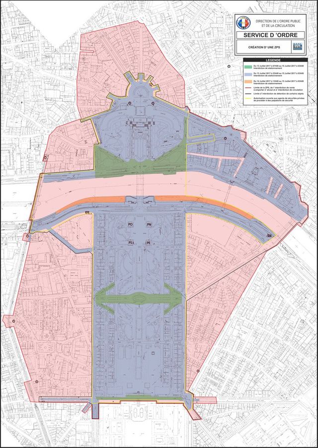 Restrictions de circulations autour du Champ-de-Mars pour la soirée du 14 juillet 2017, Paris.