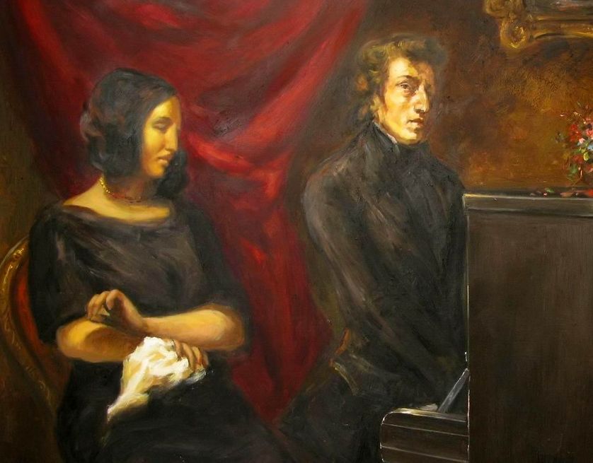 Peinture réalisée d'après l'esquisse préliminaire du portrait de George Sand et Frédéric Chopin par Eugène Delacroix