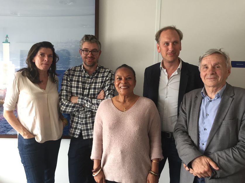 Christiane Taubira et Philippe Braud entourés d'Ariane Chemin, Thomas Wieder, Vincent Martigny