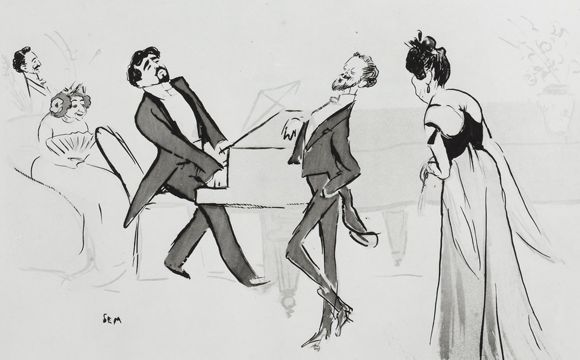 Une soirée dans le salon de l'artiste peintre Madeleine Lemaire, avec Reynaldo Hahn au piano. Dessin de l'illustrateur et chroniqueur mondain Georges Goursat (dit Sem).