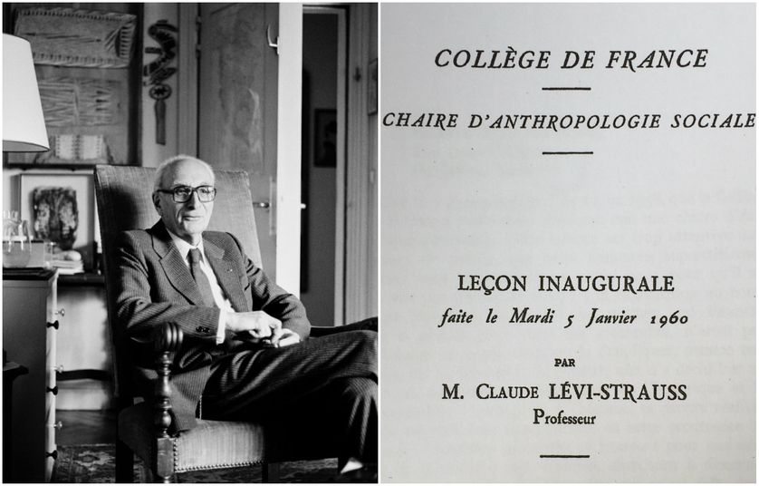Claude Lévi-Strauss chez lui à Paris, 1983 par Michèle Bancilhon et page de garde de sa leçon inaugurale au Collège de France