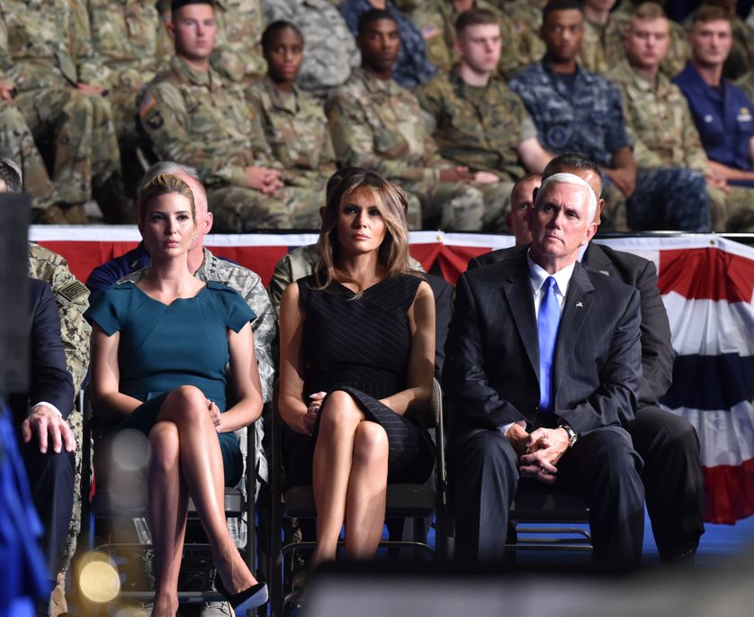Ivanka Trump, Melania Trump et le vice président américain Mike Pence, lors du discours de Donald Trump sur sa stratégie en Afghanistan