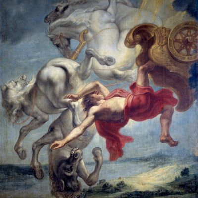 La chute de Phaeton : incapable de maîtriser le char d'Helios, Phaeton est foudroyé par Zeus, et tombe dans le fleuve Eridan - Peinture de Jan Carel van Eyck (1649-vers 1690)