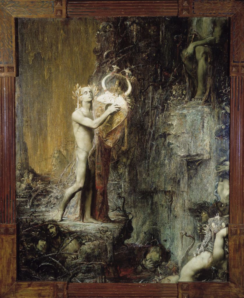"Orphee aux Enfers" Illustration pour l'opera "Orfeo" de Monteverdi. Orphée qui charmait les bêtes, les plantes et faisait pleurer les pierres avec sa lyre. Peinture de Pierre Amedee Marcel Beronneau