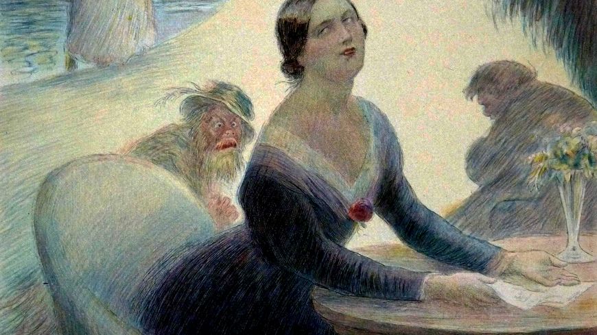 Illustration de Charles Léandre pour le livre Madame Bovary de Flaubert, gravé à l’eau-forte en couleur par Eugène Decisy, 1931