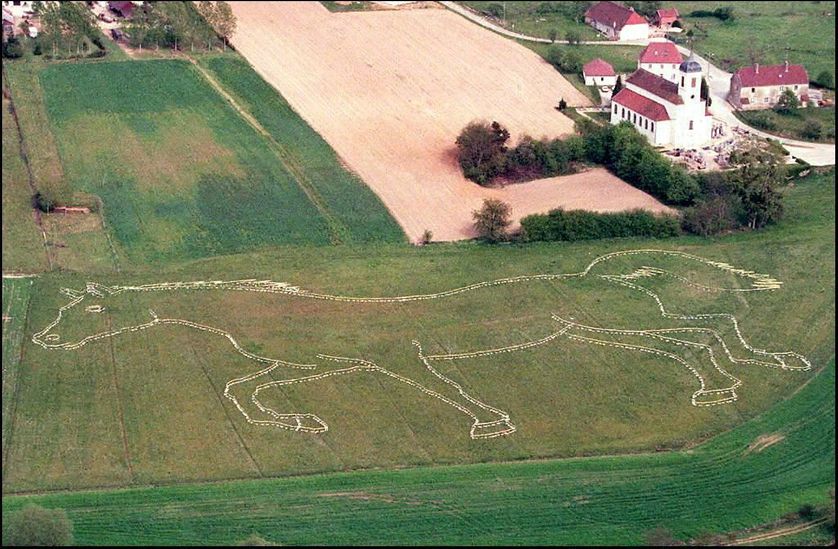 Jument verte dessinée sur un pré de Villers-Robert par l'artiste Pierre Duc en hommage à l'écrivain Marcel Aymé.