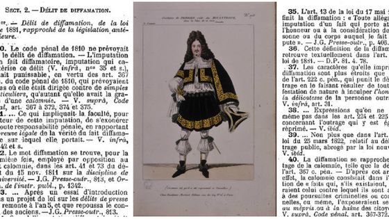 Estampe, "Le misanthrope" de Molière : costume de Perrier (Alceste), Éditeur, Hautecoeur Martinet, 1820/Extraits de la section Diffamation, Jurisprudence générale de MM. Dalloz. Les codes annotés. E. Dalloz, C. Vergé, 1881 - Source gallica.bnf.fr / BnF
