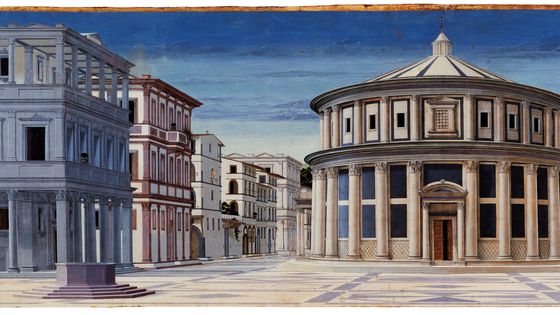 "La Cité idéale" (détail) , tempera sur toile attribuée a Luciano Laurana (1420-1479), 67 x 240 cm, Museo Nazionale, Palazzo Ducale, Urbin (Italie) ©AFP - Leemage