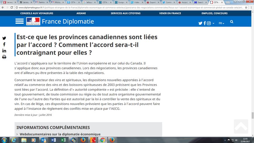 Pas de mention du rapport d'expert indépendant sur les conséquences du CETA sur le site du ministère des Affaires Etrangères qui suit le dossier