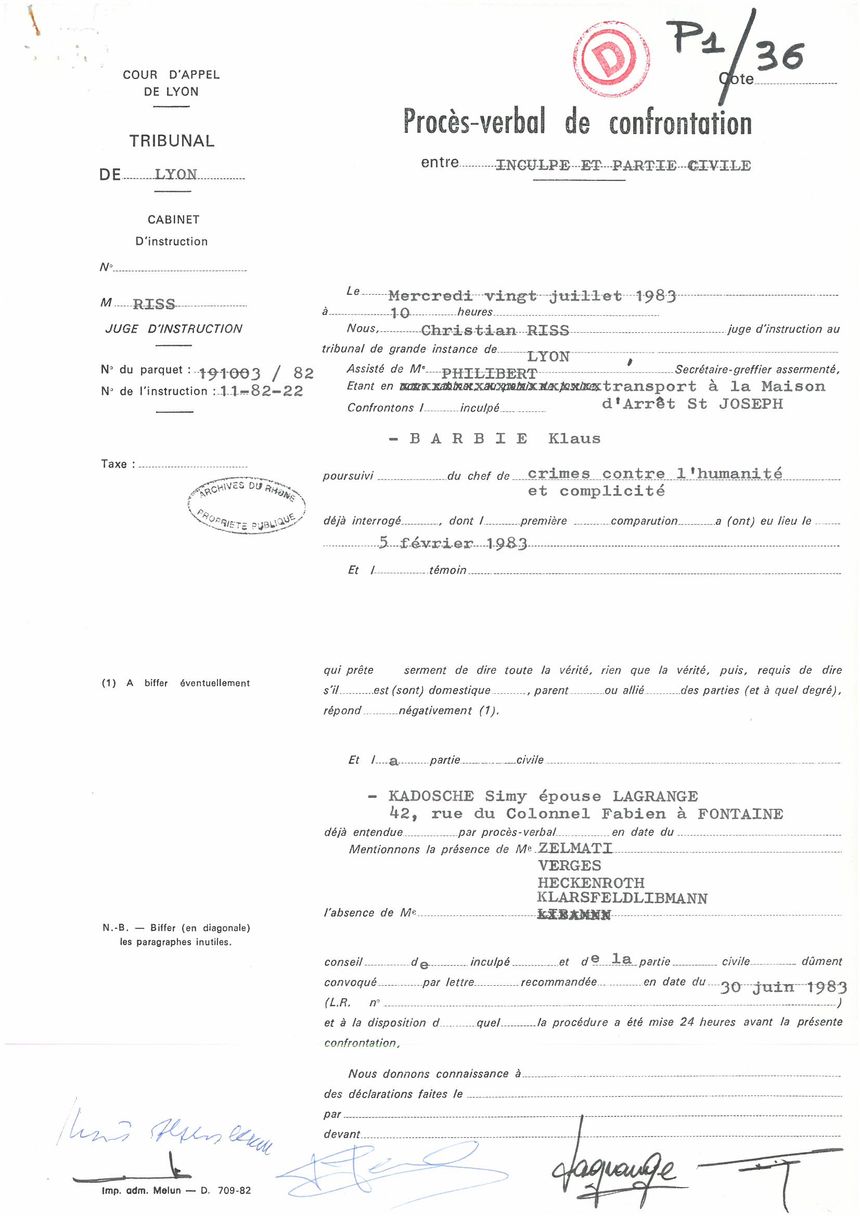 Procès-verbal de confrontation entre Klaus Barbie et Simone Lagrange l'une de ses victimes (1)