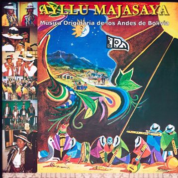 Détail d'une affiche de programme, comportant une reproduction d'un disque de musiques de l'Ayllu Majasaya et différentes photos/Princeton University Library. Latin American Ephemera Collections