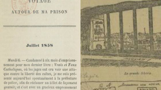 1re page du "Voyage autour de ma prison", par Louis-Auguste Martin (J. Rozez, 1859) / dessin extrait du Recueil iconographique. Prison Sainte-Pélagie conservé à la Bib. historique (BHVP) - Source gallica.bnf.fr / BnF