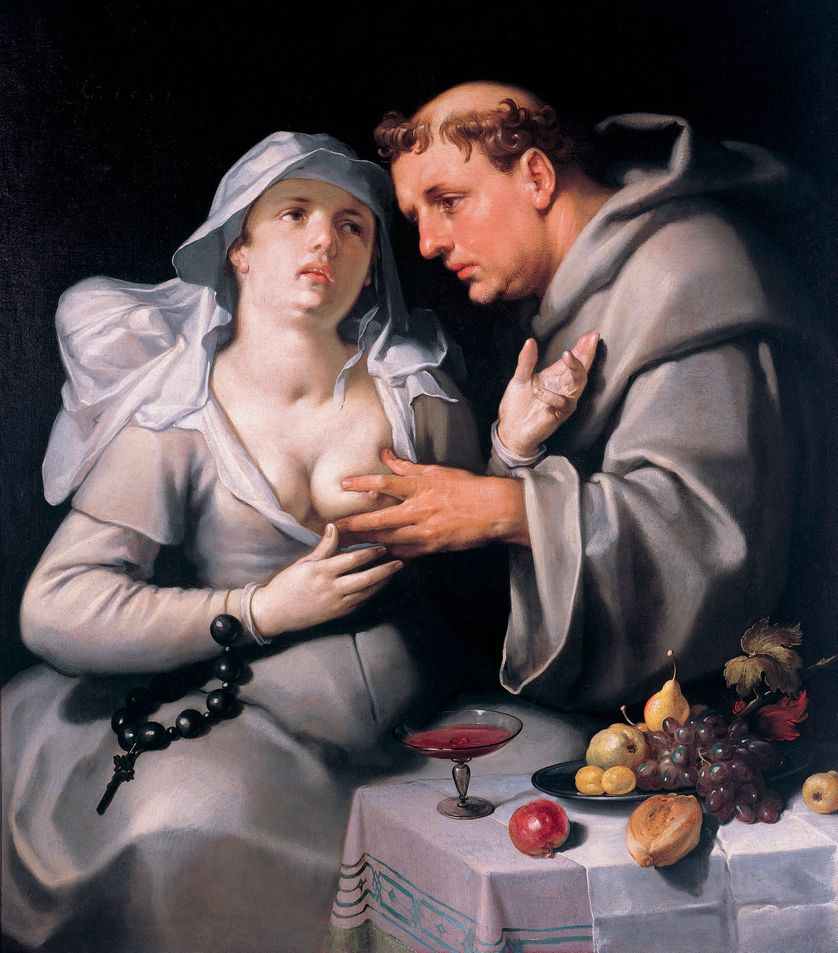 "Un moine et une religieuse" Le religieux caresse la poitrine de la nonne 1591- Peinture de Cornelis Cornelisz van Haarlem (1562-1638)