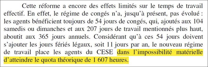 Extrait d'un rapport de la cour des comptes. Certains agents du CESE travaillent 200h de moins que la durée légale annuelle