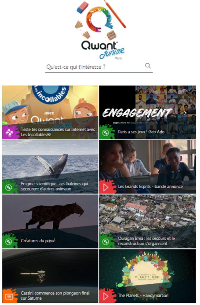 Page d'accueil du moteur de recherche pour les jeunes Qwant Junior