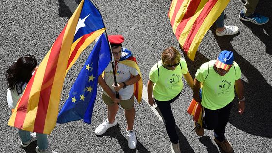 Photo prise au cours d'une manifestation pour l'indépendance de la Catalogne le 11 septembre 2017 à Barcelone. ©AFP - JOSEP LAGO