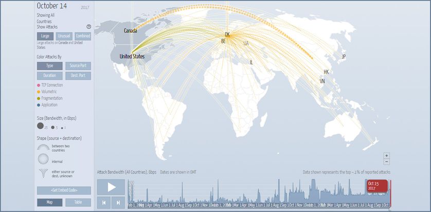 Carte du flux international d'attaques informatiques de ce samedi 14 octobre, mesuré par le site digitalattackmap.com