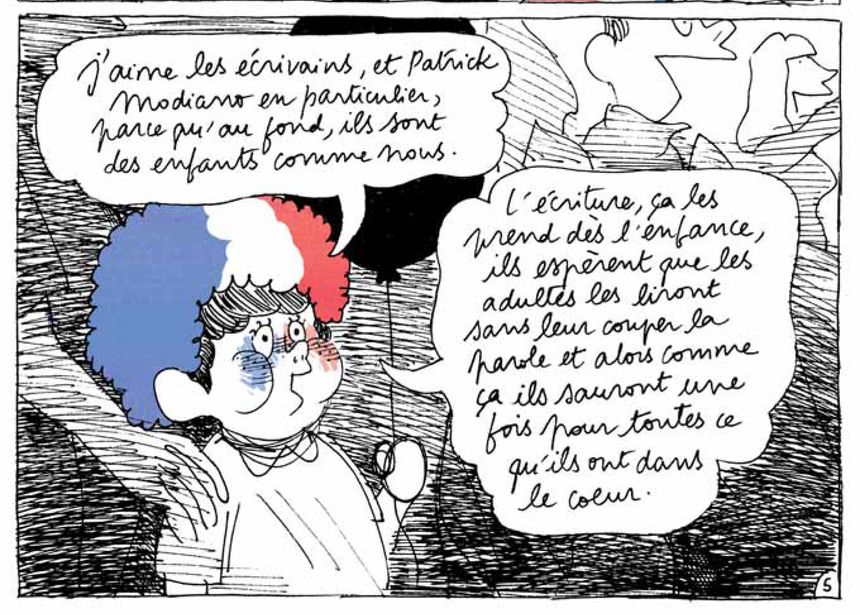 Le Prix Nobel de littérature de Modiano en 2014 vu par Catherine Meurisse. Case extraite de la planche de la BD : "France Info, 30 ans d'actualité"