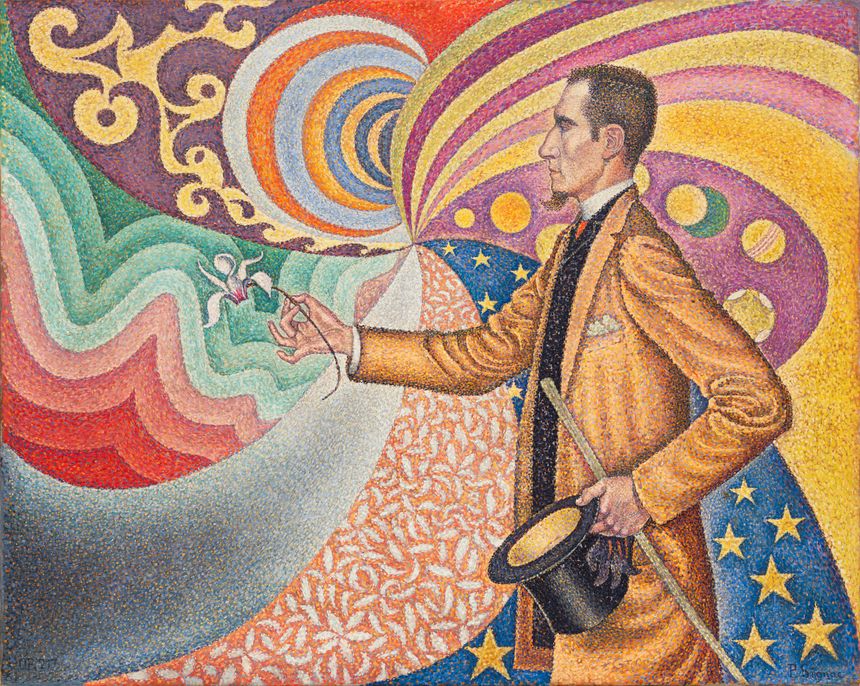 Paul Signac. Sur l’émail d’un fond rythmique de mesures et d’angles, de tons et de teintes, portrait de M. Félix Fénéon en 1890, Opus 217. 1890. Huile sur toile, 73,5 × 92,5 cm