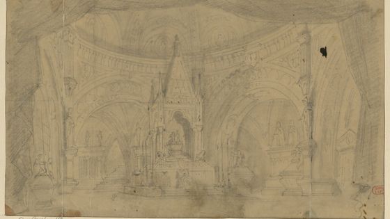 Roméo et Juliette : esquisse de décor de l'acte V , crypte souterrain avec les tombeaux / Charles Cambon - BnF - Gallica