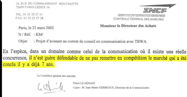 Extrait de la lettre du contrôleur des marchés de la SNCF à la Direction des achats