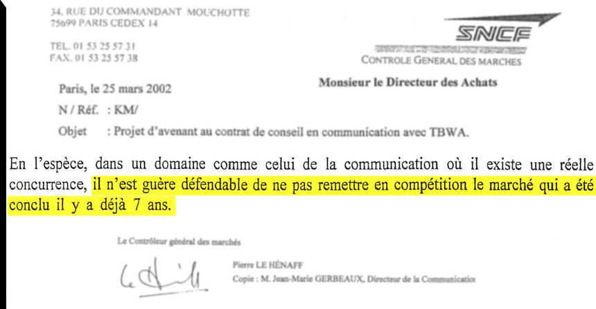 Extrait de la lettre du contrôleur des marchés de la SNCF à la Direction des achats