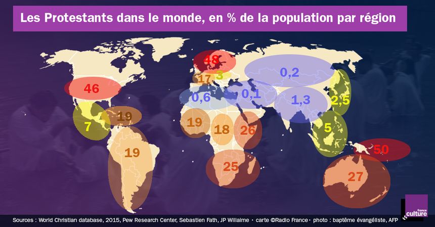 Répartition des Protestants dans le monde en % de la population