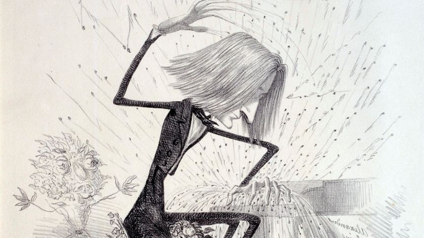 Caricature de Franz Liszt, l'homme au "piano orchestral", publiée en 1845.