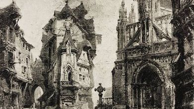 Esquisse de Carlo Ferrario pour le "Faust" de Gounod (Act IV, Scène V). Eglise sur la droite et à gauche, la maison de Marguerite. ©Getty - De Agostini