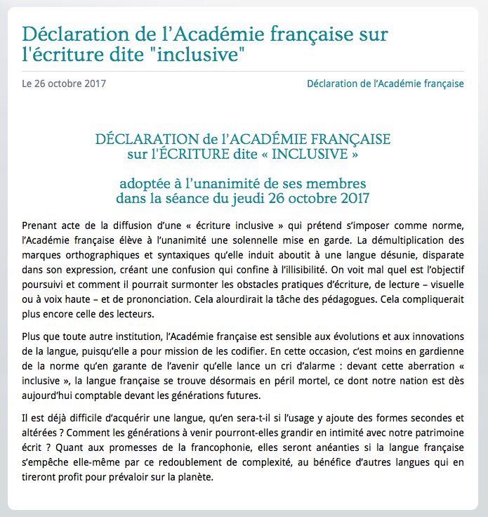 Déclaration de l'Académie française sur l'écriture dite "inclusive"