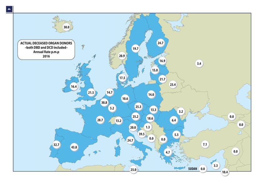 Nombre de donneurs d'organes décédés par million d'habitants (2016)