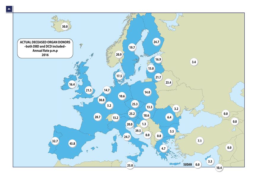 Nombre de donneurs d'organes décédés par million d'habitants (2016)