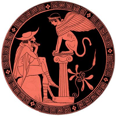 Oedipe repondant aux questions du Sphinx a Thebes - Oedipe et le Sphinx - Oedipus and the Sphinx - gravure d'apres un vase grecque