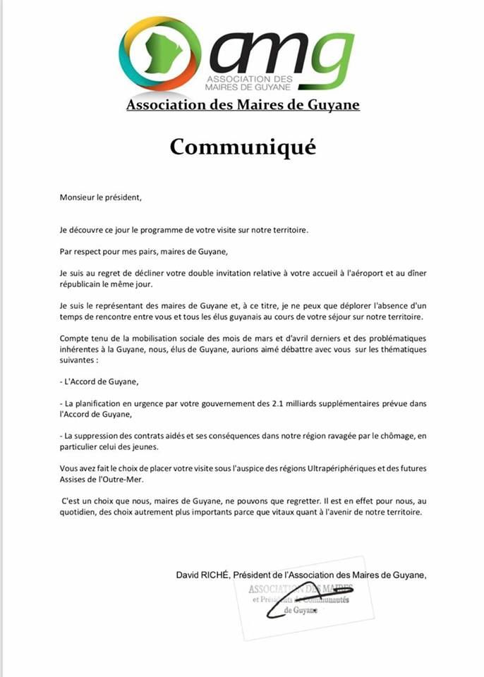 Communiqué diffusé par l'Association des Maires de Guyane