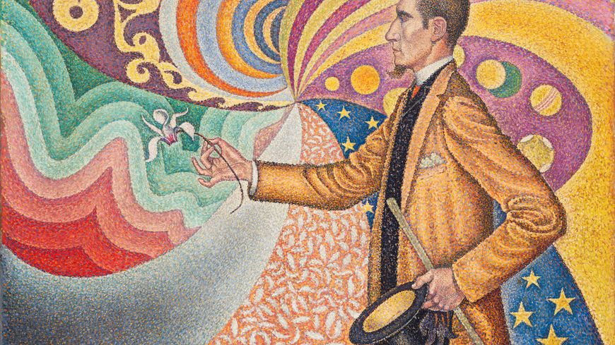 Paul Signac. Sur l’émail d’un fond rythmique de mesures et d’angles, de tons et de teintes, portrait de M. Félix Fénéon en 1890, Opus 217. 1890. Huile sur toile, 73,5 × 92,5 cm
