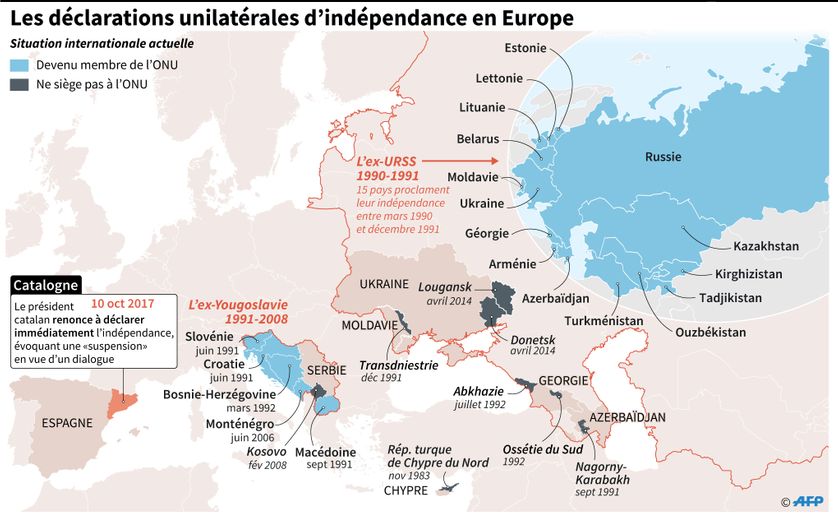 Carte des déclarations unilatérales d'indépendance en Europe et état actuel de leur adhésion ou non aux Nations-unies